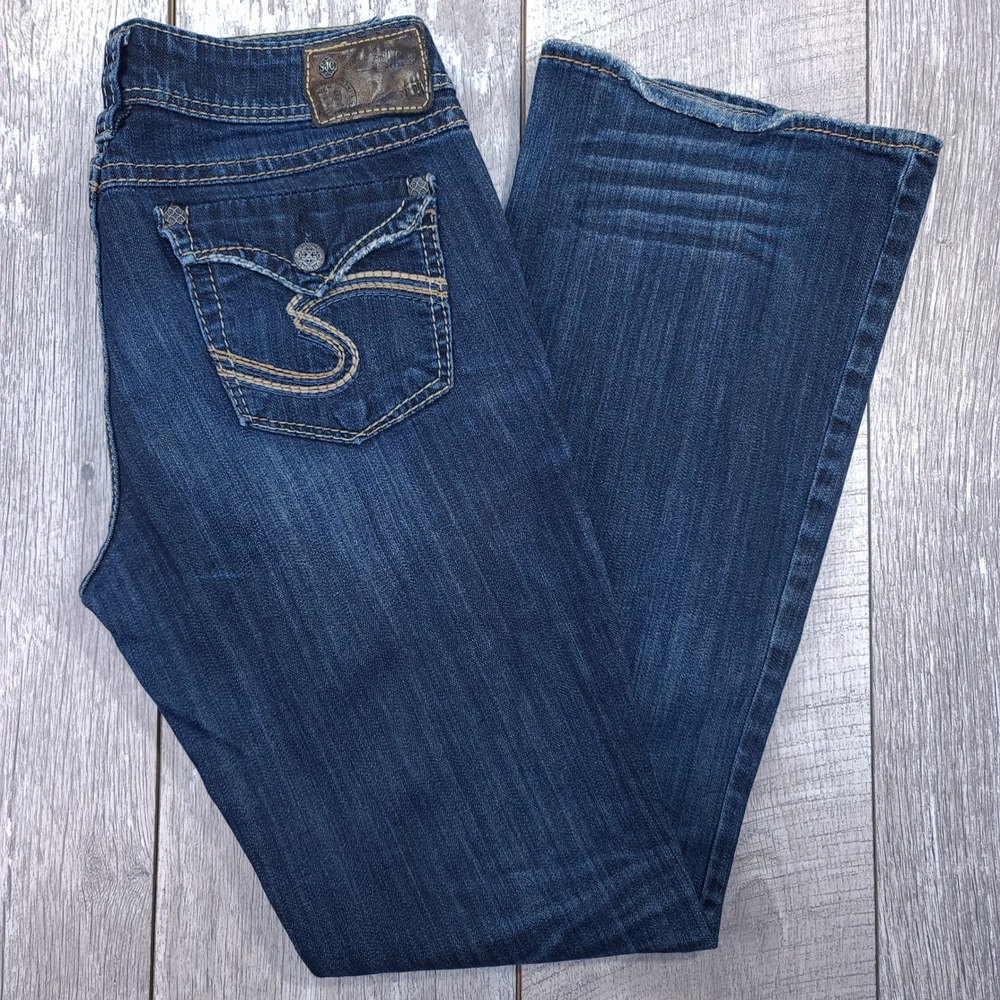 Silver Jeans Suki Surplus Women 29x27 Dark Wash Bootcut Embroidered Pockets